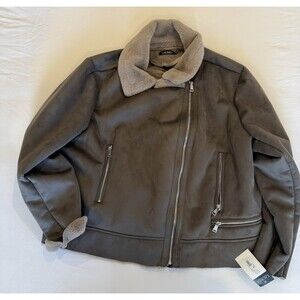 NWT LAUREN Ralph Lauren Womens Grey Faux Shearling Moto Jacket Size 2xl